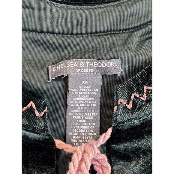 Chelsea & Theodore Shift Dress Womens Medium Green Velvet Embroidered Tassel - Picture 7 of 8